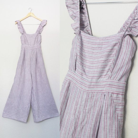 Anthropologie Elevenses Linen Nantucket Ruffle Wide Leg Jumpsuit Lavender $148 - Picture 14 of 16
